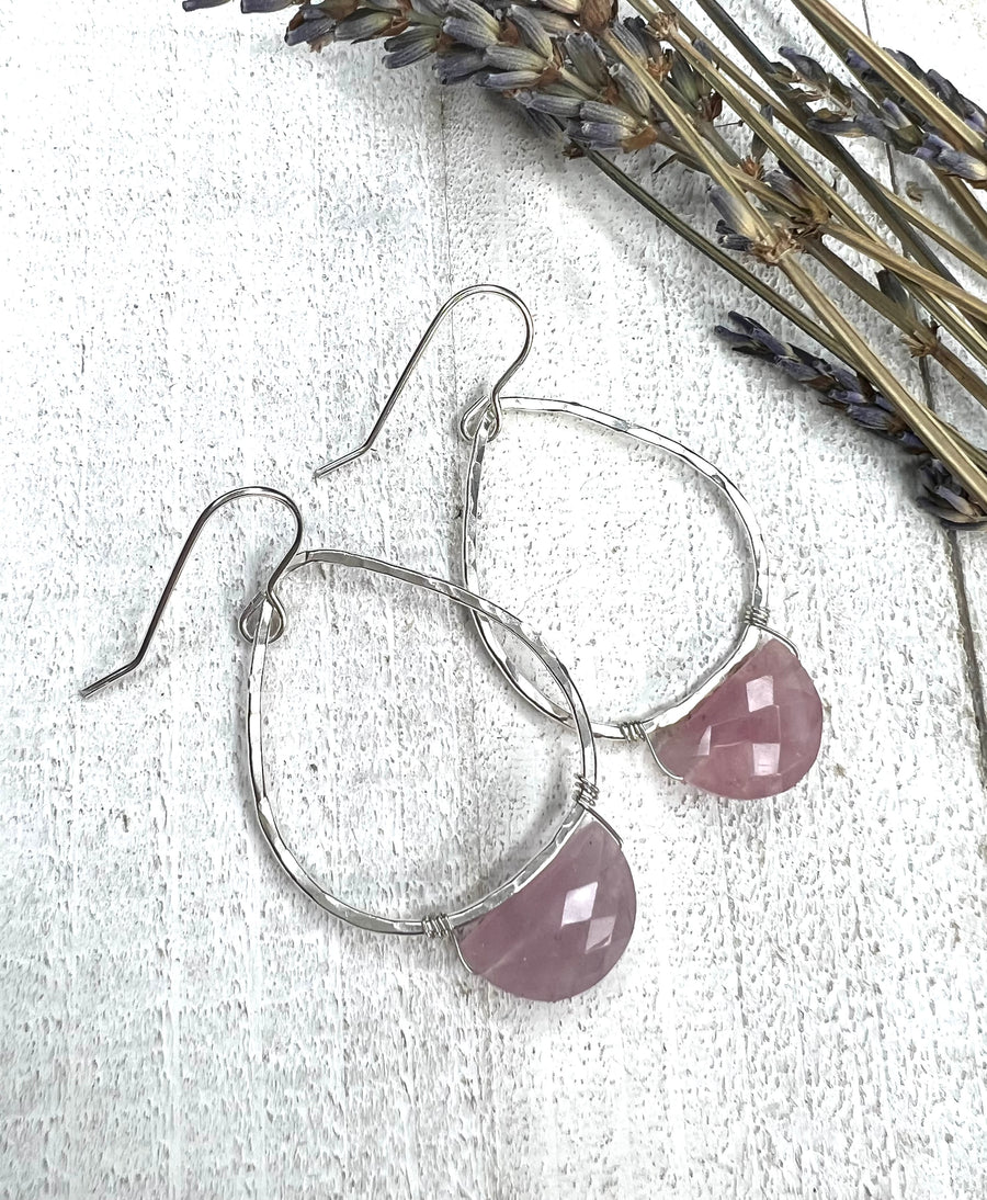 Stone Earrings - Half Moon Rose Quartz Hoop - MARTINIJewels