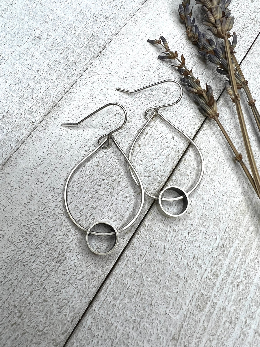 Minimalism Collection - Teardrop Shaped Dangle Earrings with Cylinder Detail - V5 - MARTINIJewels