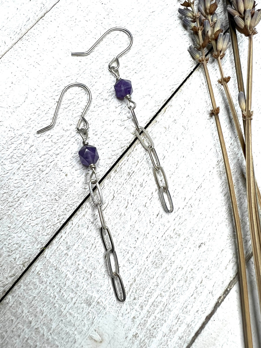 One of a Kind - Amethyst Earrings with Paper Clip Chain - MARTINIJewels