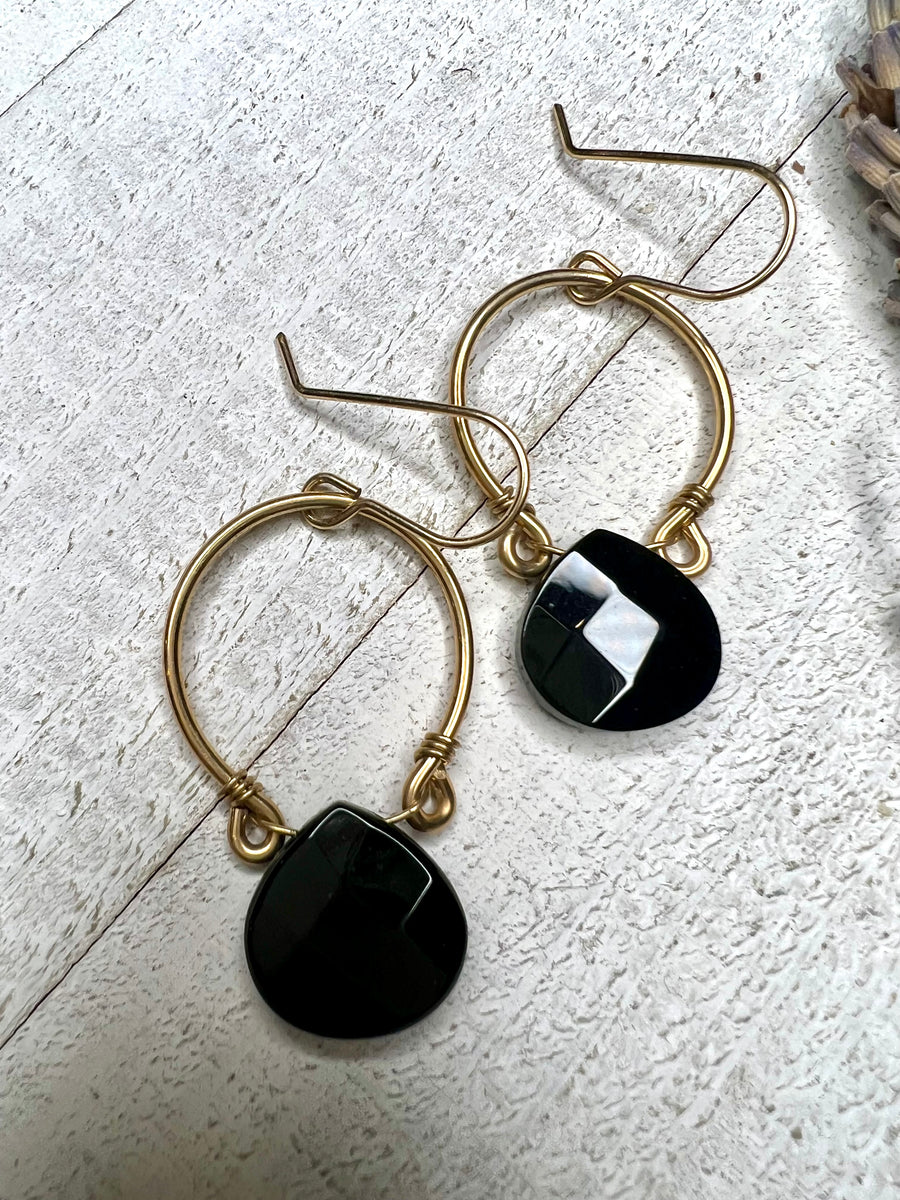 14k Gold Fill Hoop Earrings with Onyx Briolettes - MARTINIJewels
