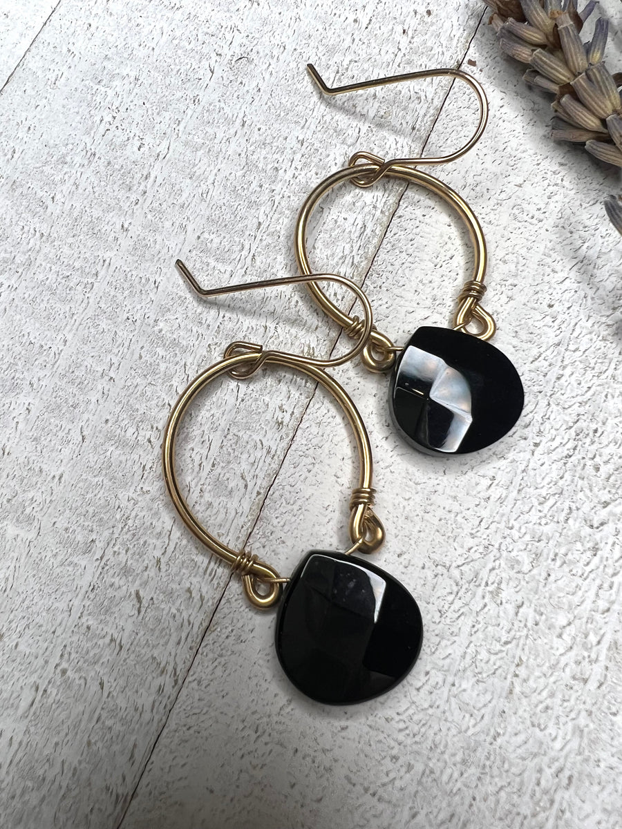 14k Gold Fill Hoop Earrings with Onyx Briolettes - MARTINIJewels