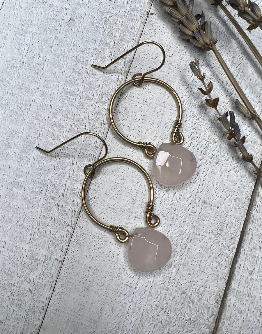 14k Gold Fill Hoop Earrings with Rose Quartz Briolettes - MARTINIJewels