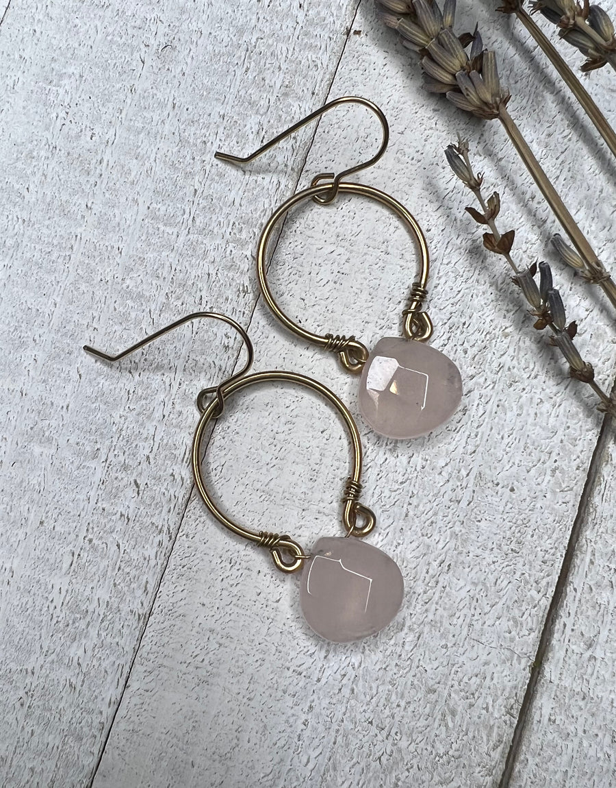 14k Gold Fill Hoop Earrings with Rose Quartz Briolettes - MARTINIJewels