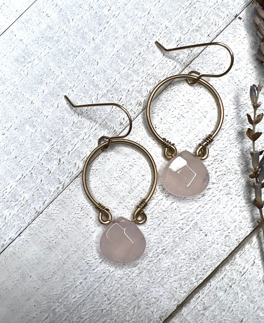 14k Gold Fill Hoop Earrings with Rose Quartz Briolettes - MARTINIJewels