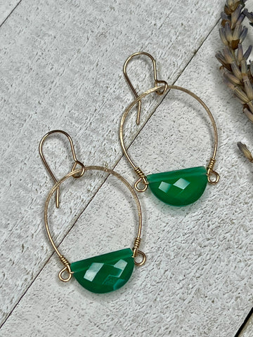 14k Gold Fill Half Moon Green Onyx Hoop Dangles - MARTINIJewels