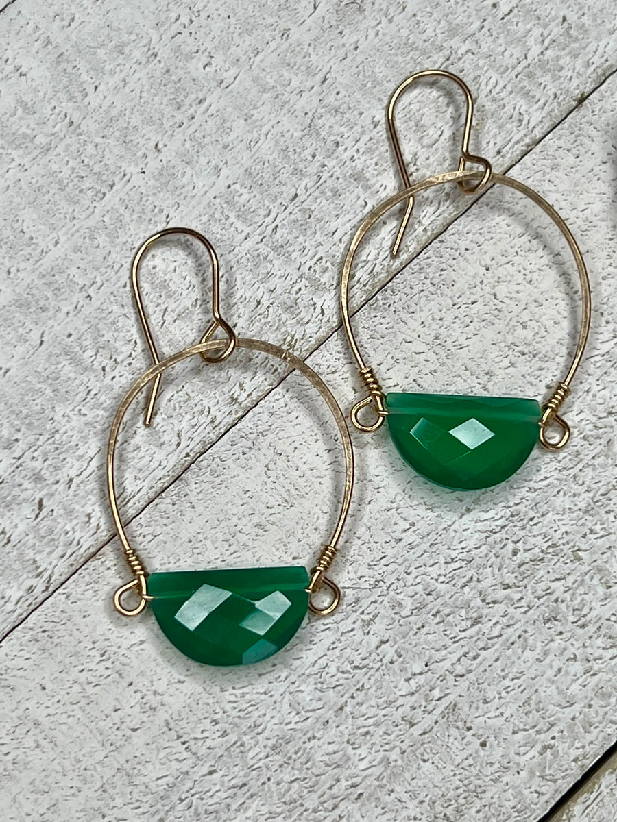 14k Gold Fill Half Moon Green Onyx Hoop Dangles - MARTINIJewels