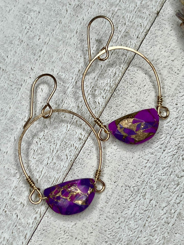 14k Gold Fill Half Moon Purple Copper Turquoise Hoop Dangles - MARTINIJewels