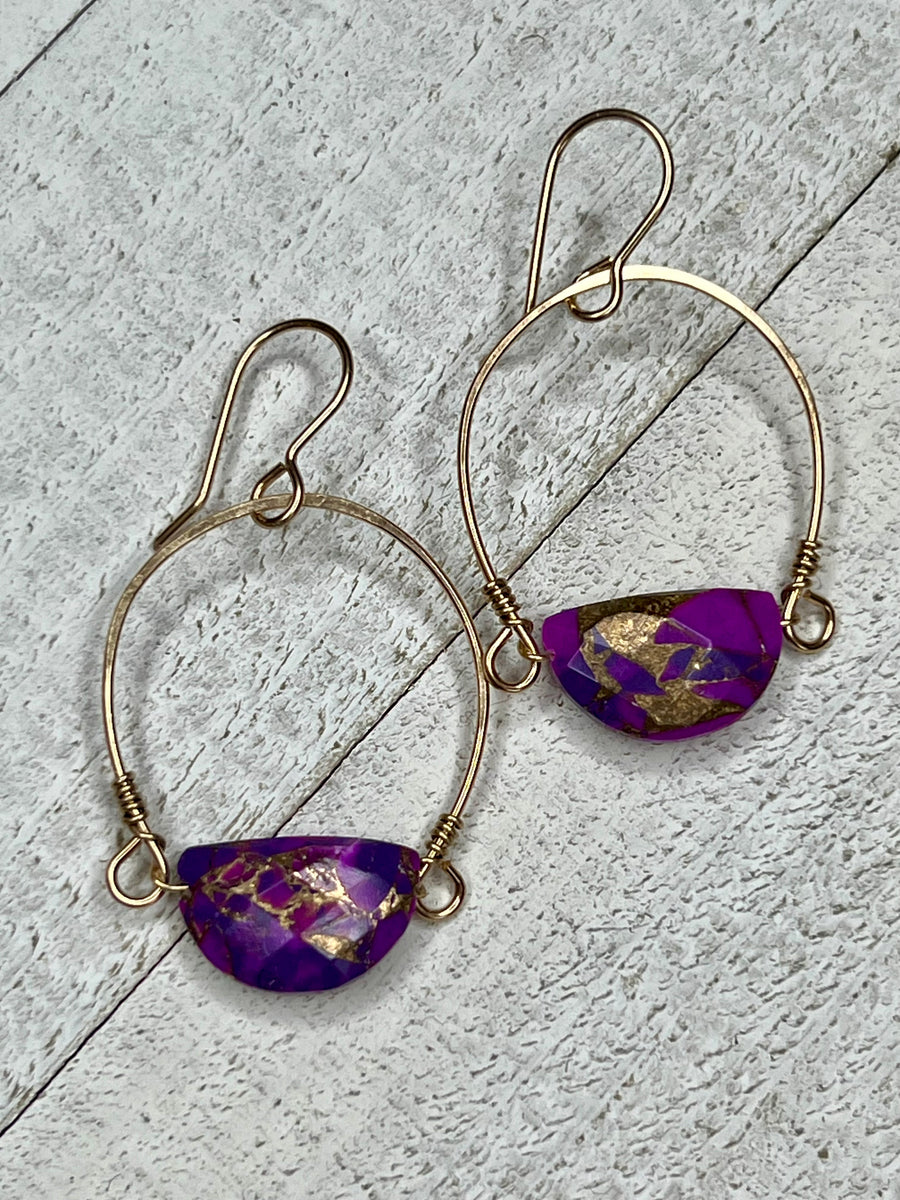 14k Gold Fill Half Moon Purple Copper Turquoise Hoop Dangles - MARTINIJewels