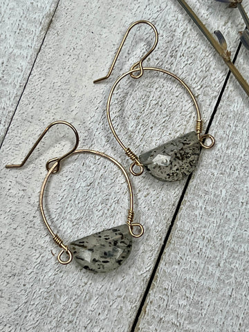 14k Gold Fill Half Moon Black Dot Quartz Hoop Dangles - MARTINIJewels