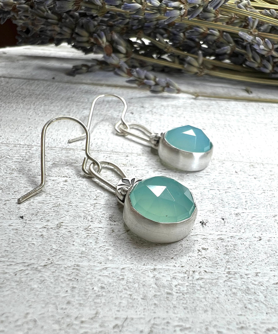 One of a Kind - Aqua Chalcedony Accented Stamped Earrings - MARTINIJewels