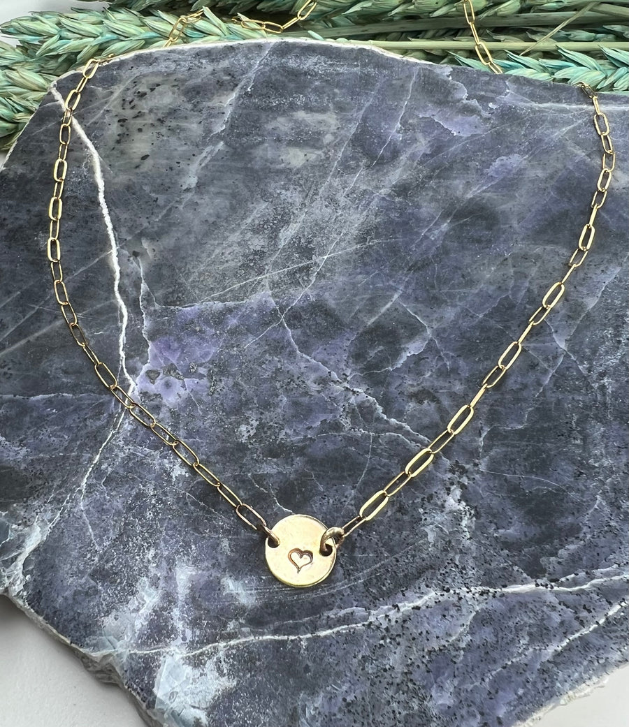 Classics Collection - 14K Gold Filled Paper Clip Chain w/ Heart Stamped Disc - MARTINIJewels