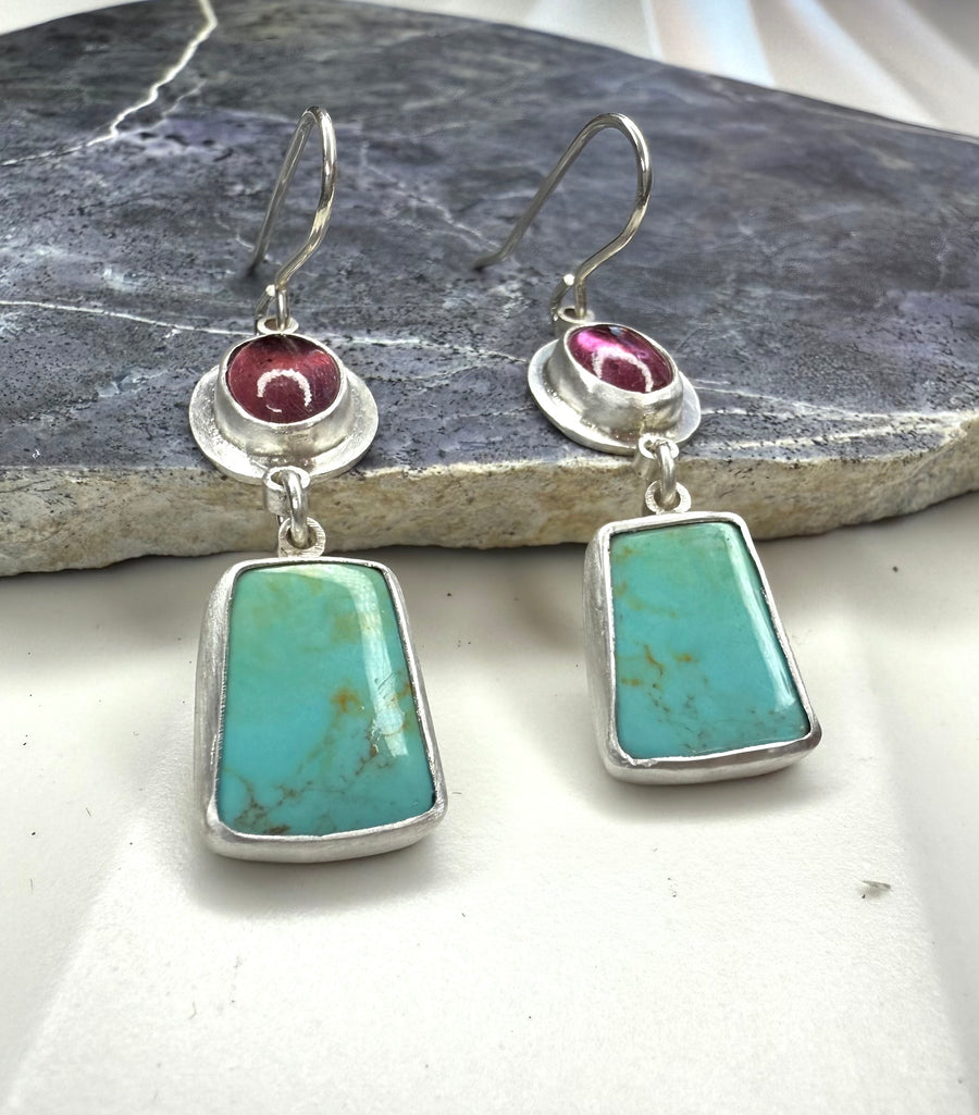 Kingman Turquoise and Pink Sapphire Earrings