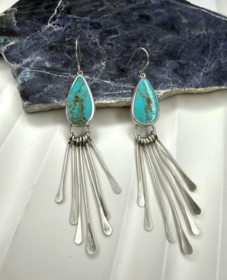 Old Mine Kingman Turquoise Teardrop Earrings with Sterling Silver Fringe - MARTINIJewels