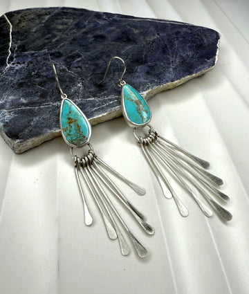 Old Mine Kingman Turquoise Teardrop Earrings with Sterling Silver Fringe - MARTINIJewels