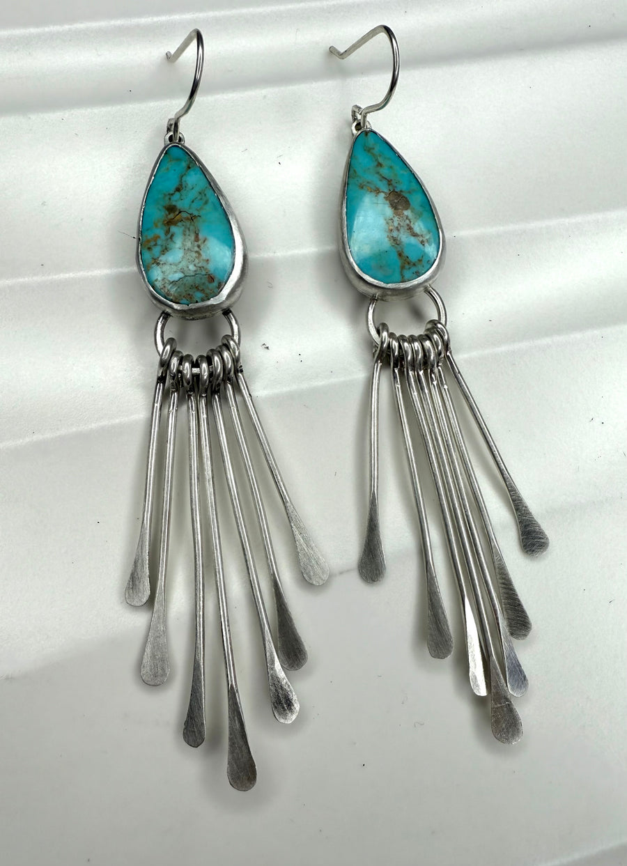 Old Mine Kingman Turquoise Teardrop Earrings with Sterling Silver Fringe - MARTINIJewels