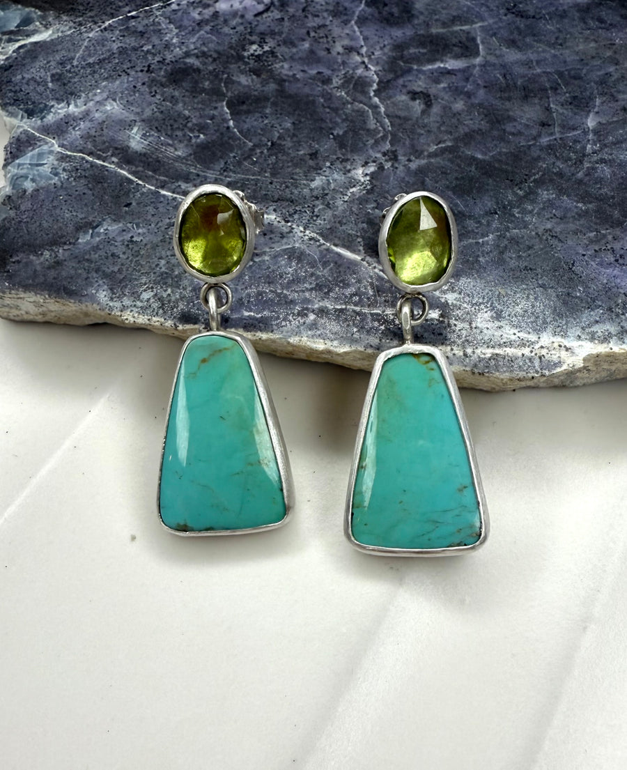 Old Mine Kingman Turquoise with Peridot Post Earrings - MARTINIJewels