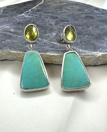 Old Mine Kingman Turquoise with Peridot Post Earrings - MARTINIJewels