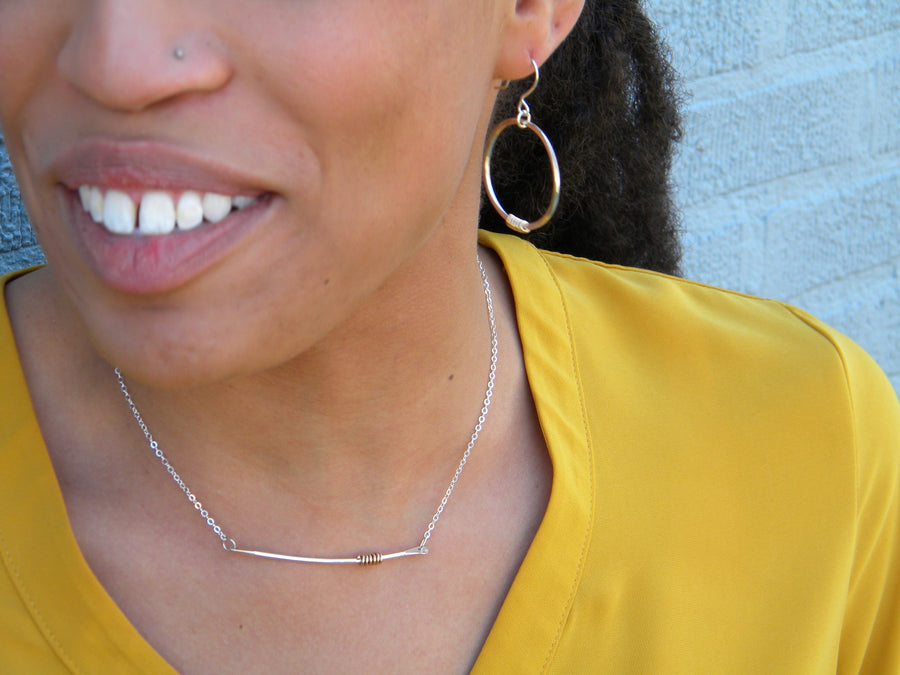 Coils Collection - Recycled Sterling Silver Bar Necklace with Gold Coil - MARTINIJewels