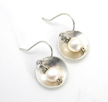 Pearls Collection - Round Disc Earrings with Button Pearl Accents - MARTINIJewels