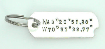 Sterling Silver Longitude and Latitude Dogtag Keyring or Necklace Hand stamped in Recycled Sterling Silver - MARTINIJewels